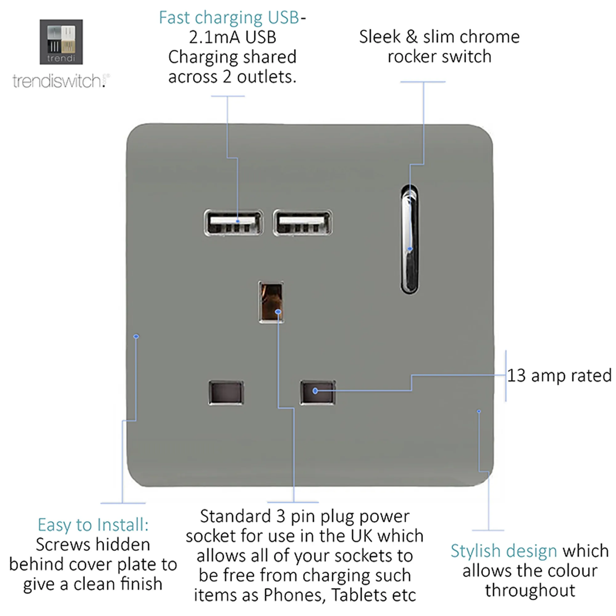 1 Gang 13Amp Switched Single Socket With 2 x USB Light Grey ART-SKT13USBLG  Trendi Light Grey